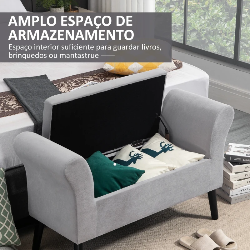 HOMCOM Banco para Pé de Cama Estofado em Veludo com Tampa Apoio para os Braços Pés de Madeira 111,5x41x65cm Cinza Claro