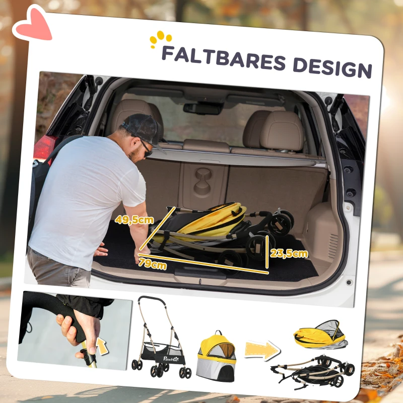 PawHut 2-in-1 Hundebuggy Hundetrolley bis 10 kg klappbar Tragtasche Bodenkorb  82 cm x 49,5 cm x 98 cm Gelb