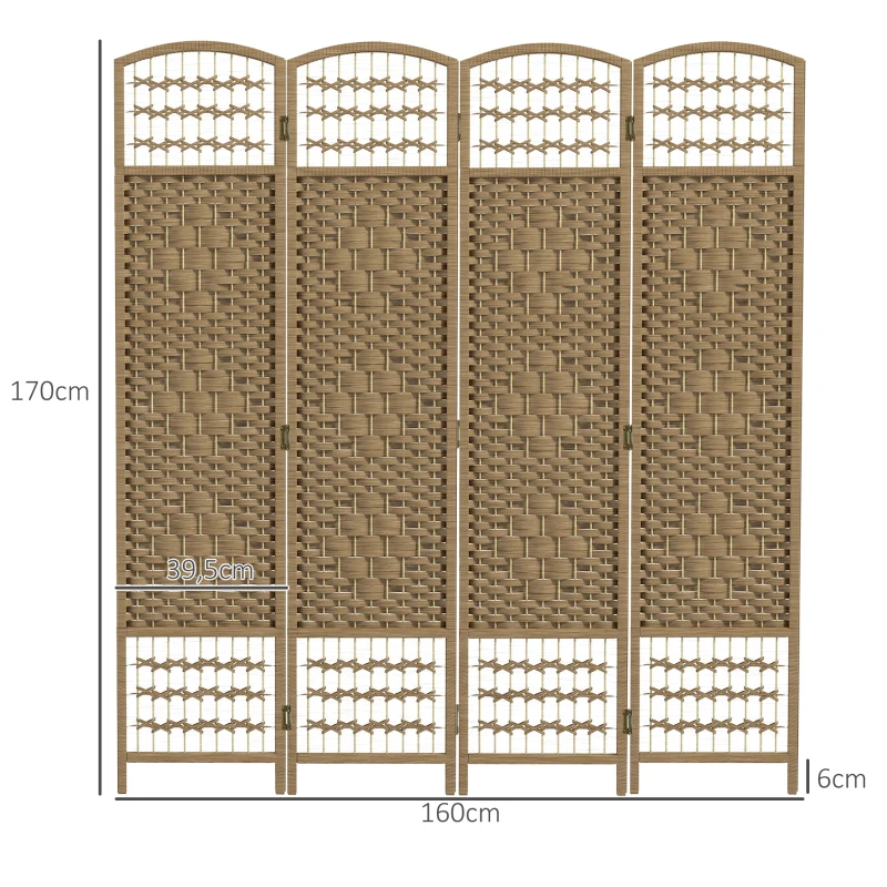 HOMCOM Biombo de 4 Painéis Dobrável Separador de Ambientes de Corda de Papel e Estrutura de Madeira 60x170 cm Natural