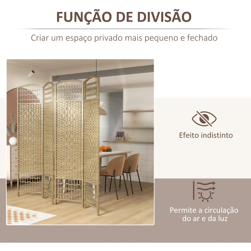 HOMCOM Biombo de 4 Painéis Dobrável Separador de Ambientes de Corda de Papel e Estrutura de Madeira 60x170 cm Natural