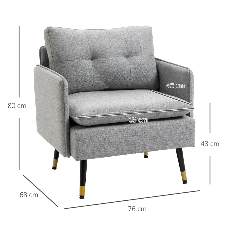HOMCOM Fotoliu Tapițat din Material Textil cu Pernițe Umplute, Canapea Modernă cu Picioare din Oțel, 76x68x80 cm, Gri
