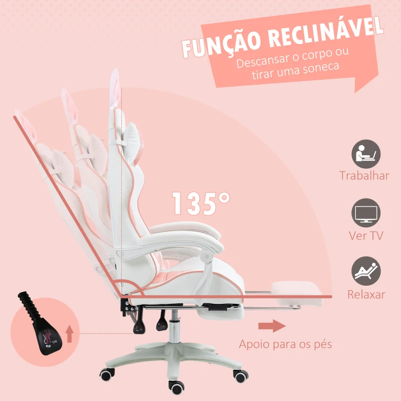 Vinsetto Cadeira Gaming Giratória de Couro PU com Altura Ajustável Inclinável 135° Apoio para a Cabeça 65x63x136-142 cm Rosa e Preto