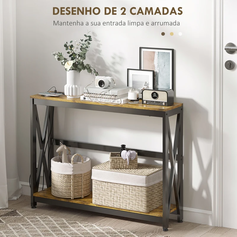 HOMCOM Mesa Consola de Estilo Industrial Mesa de Entrada de 2 Níveis com Estação de Carregamento 100x24x75 cm Castanho Rústico