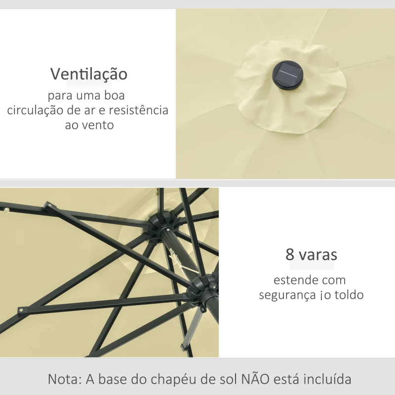 Outsunny Chapéu de Sol com 32 Luzes LED Solares Ø265x233cm Chapéu de Sol Inclinável com Manivela e Mastro de Aço para Terraço Pátio Exterior Bege