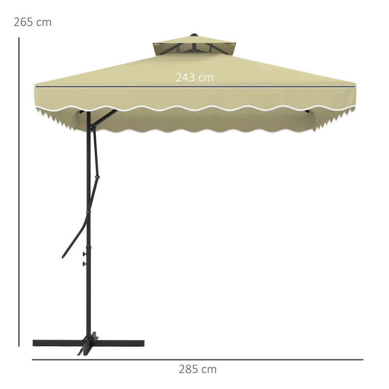 Outsunny Tuinparasol, zweefparasol, decoratieve rand, ventilatiedak, metalen frame, 2,4x2,4x2,6m, Beige