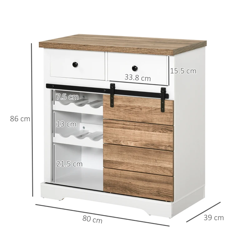 HOMCOM Dulap Rustic de Bucătărie cu 2 Sertare, Rafturi Deschise și Suport pentru Sticle, Bufet din Lemn și Metal, 80x39x86 cm, Alb