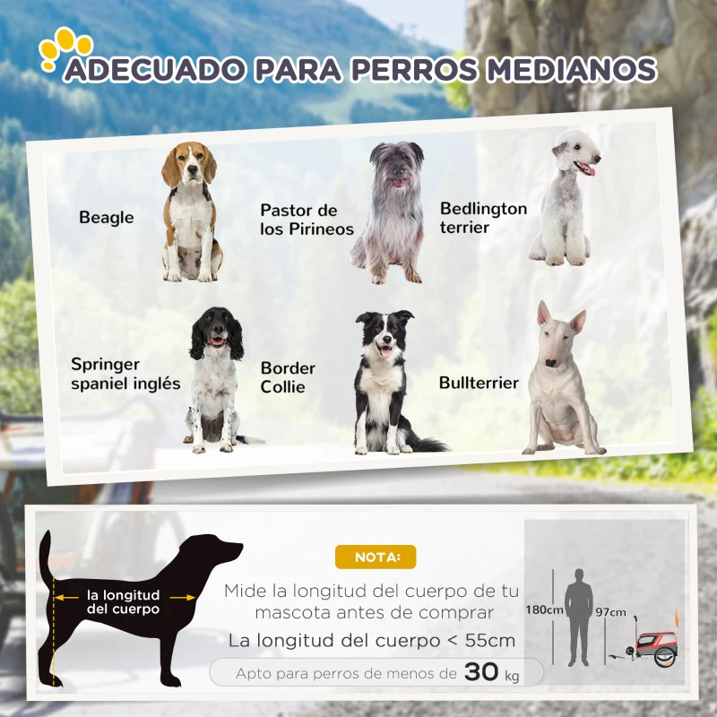 PawHut Remolque de Bicicleta para Perros 2 en 1 Carrito para Mascotas con Enganche Cubierta Enrollable Cinturón de Seguridad Bandera y Reflectores 130x64x97 cm Gris y Rojo
