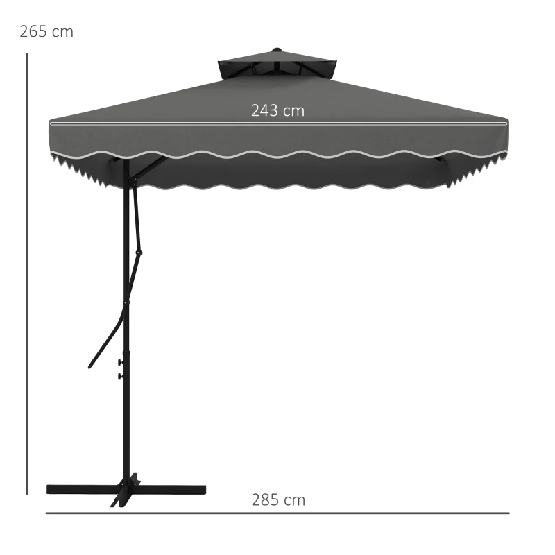 Outsunny Tuinparasol, zweefparasol, decoratieve rand, ventilatiedak, metalen frame, 2,4x2,4x2,6m, donkergrijs