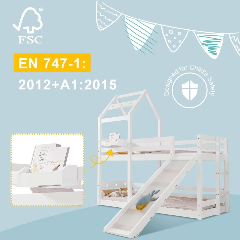 Wooden Tree House Bunk Bed with Slide and Ladder, Toddler Bed Frame for Kids, 90x190 cm, EN 747-1:2012+A1:2015 Certified, White
