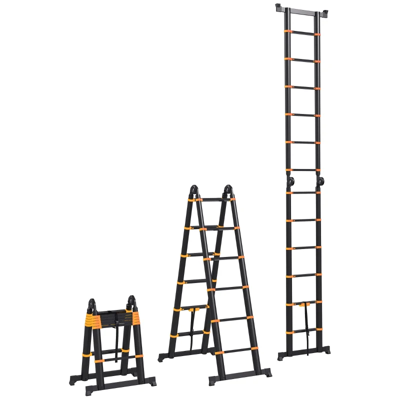 HOMCOM 3.8m Duo Aluminium Ladder w/ Tool Holder - Yellow