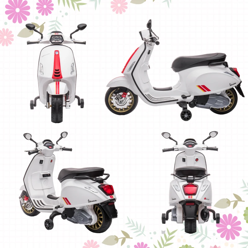 AIYAPLAY Motocicletă Electrică pentru Copii, Motocicletă cu Muzică, Două Motoare, Far, MP3, USB, Radio FM și 2 Roți de Antrenament, 107x47x73 cm, Alb
