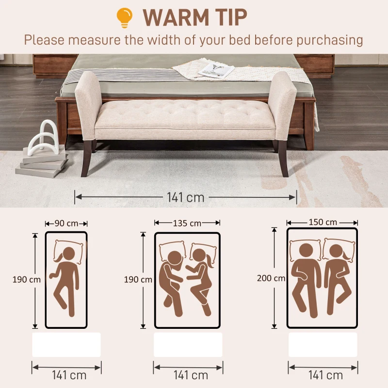 HOMCOM Capăt de Pat, Bancă Tapițată din Țesătură cu Căptușeală Groasă, Cotieră și Cadru din Lemn Masiv, 141x44x65 cm, Bej(m-7)