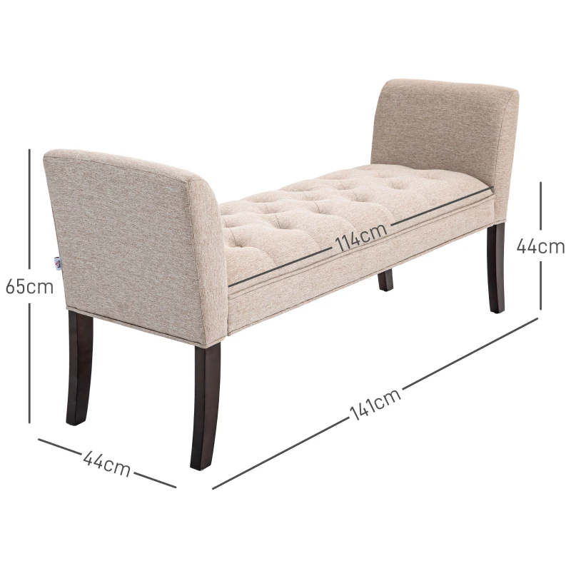HOMCOM Capăt de Pat, Bancă Tapițată din Țesătură cu Căptușeală Groasă, Cotieră și Cadru din Lemn Masiv, 141x44x65 cm, Bej(m-3)