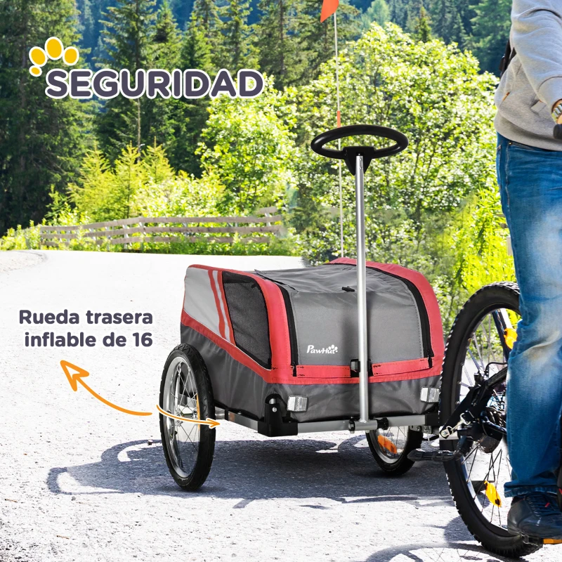 PawHut Remolque de Bicicleta para Perros 2 en 1 Carrito para Mascotas con Enganche Cubierta Enrollable Cinturón de Seguridad Bandera y Reflectores 130x64x97 cm Gris y Rojo