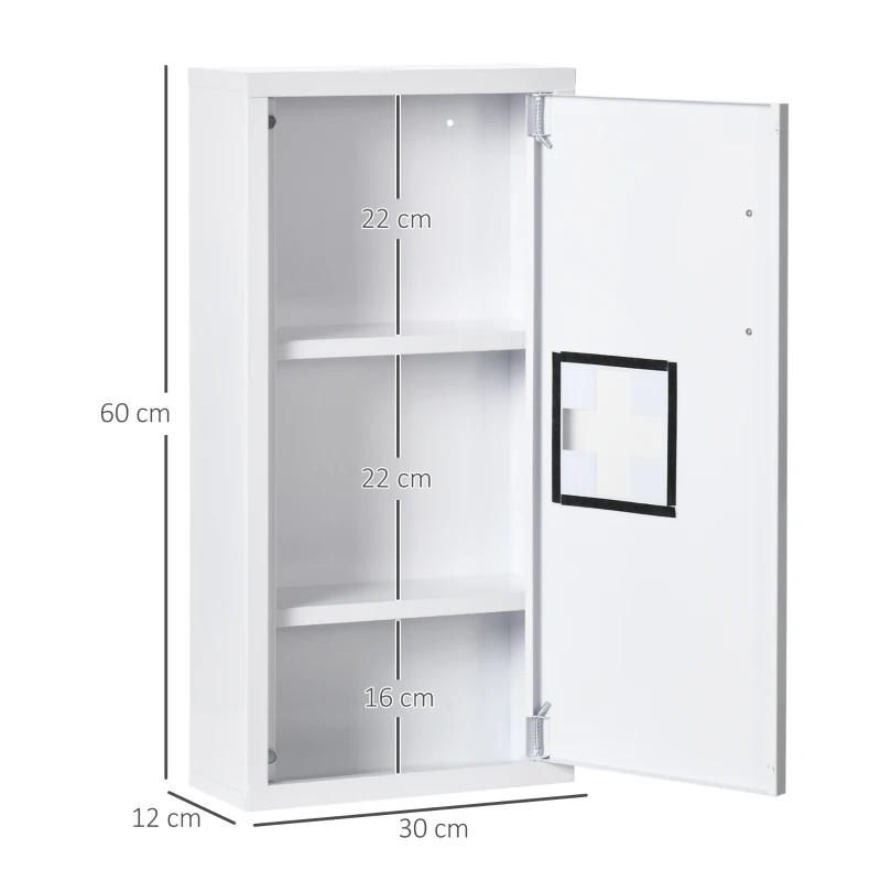 kleankin Dulap pentru Medicamente cu 3 Rafturi și Ușă Magnetică, Dulăpior pentru Medicamente din Oțel, 30x12x60 cm, Alb