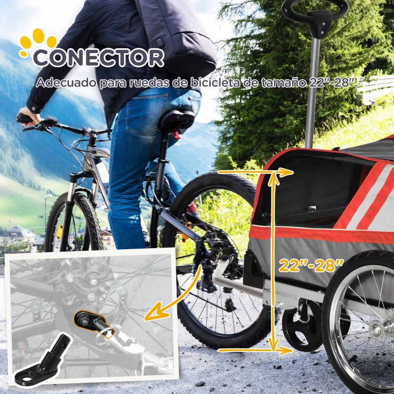 PawHut Remolque de Bicicleta para Perros 2 en 1 Carrito para Mascotas con Enganche Cubierta Enrollable Cinturón de Seguridad Bandera y Reflectores 130x64x97 cm Gris y Rojo