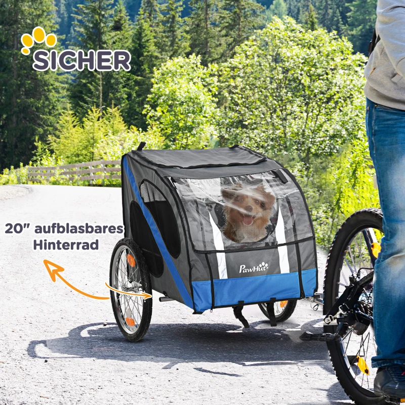 PawHut Hundeanhänger Fahrradanhänger bis 30kg lagerbar geländegängig Reflektoren Kunststoffvorhang Wetterfestes Oxford-Gewebe Stahlrahmen 145 x 80 x 87 cm Grau+Blau