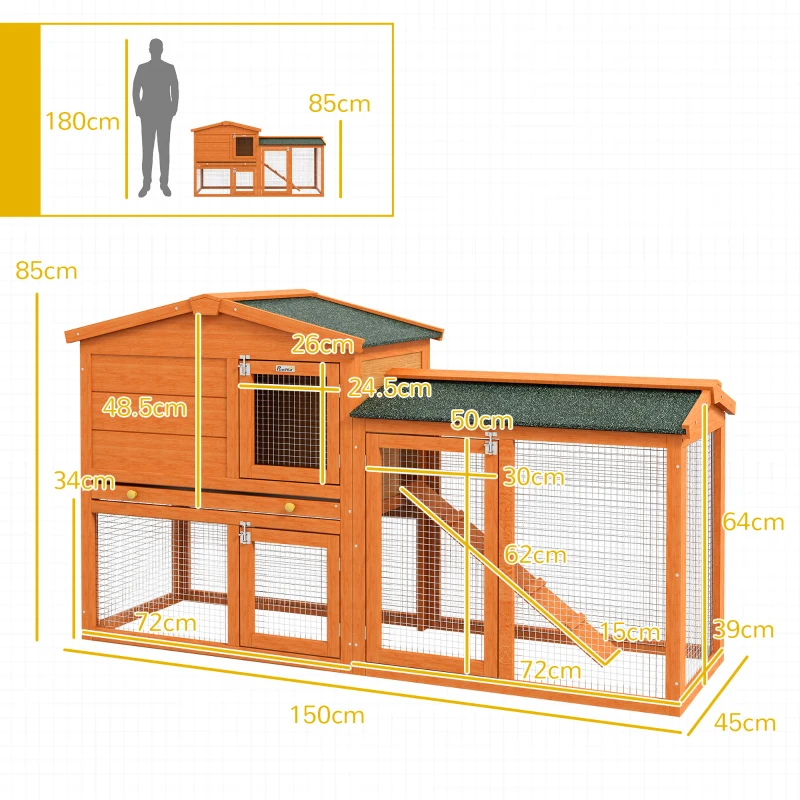 PawHut Cușcă pentru Iepuri cu 2 Nivele, Cușcă pentru Animale de Companie pentru Exterior, 150x45x85 cm, Portocaliu(m-3)