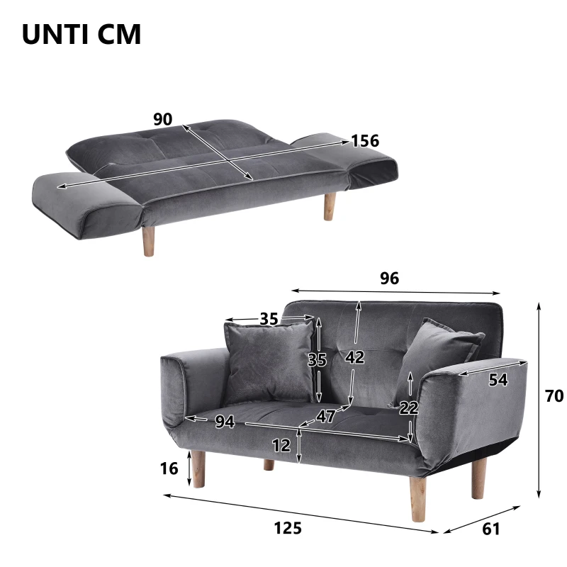2 Seater Recliner Sofa with Wooden Legs, Multi-Position Sleeping Sofa Chair, 125x61x70 cm, Grey