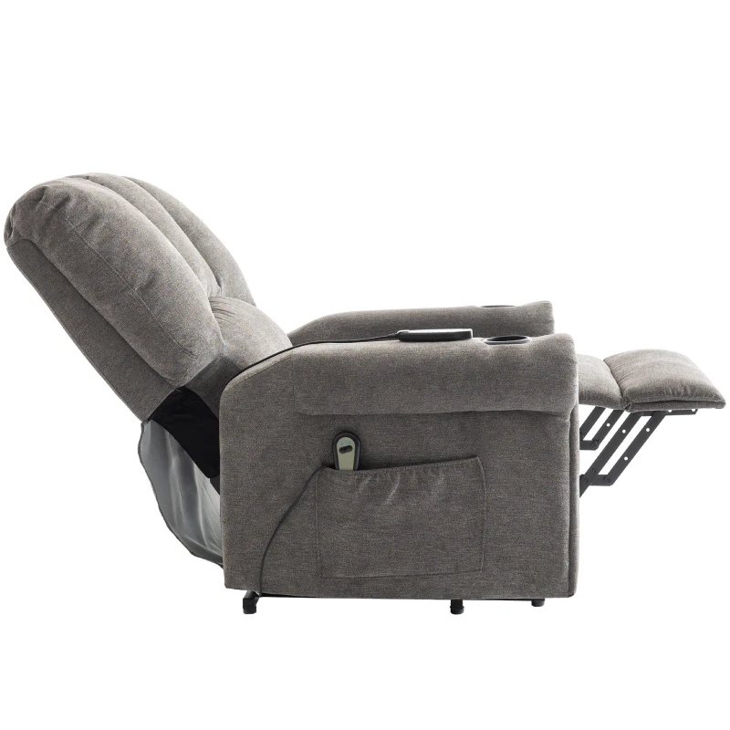 Electric Power Lift Recliner Chair with Single Motor, Heated Massage, Stand Assist, Storage Pockets, Cup Holders, 91x90x108 cm, Grey