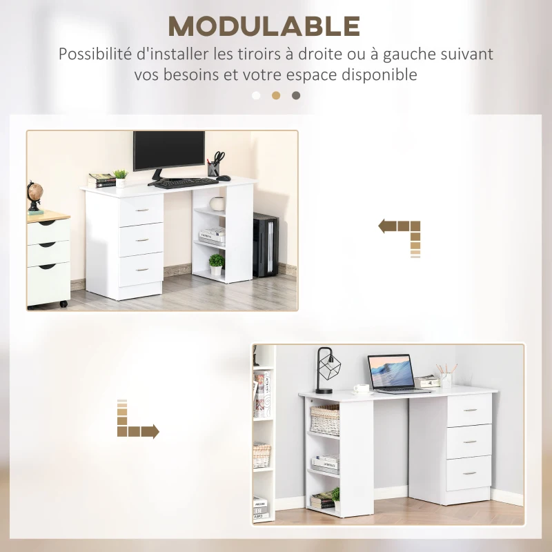 HOMCOM Bureau avec rangement, table informatique 120 x 50 cm, bureau d'ordinateur avec étagères et tiroirs, pour petits espaces, chambre à coucher, blanc
