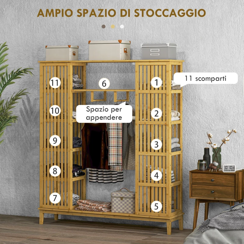 HOMCOM Armadio Aperto in Bambù con 2 Ante Scorrevoli, Ripiani Aperti e Barra Appendiabiti, 145x35x165cm