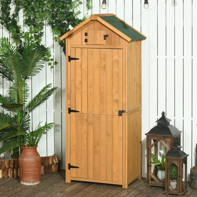 Outsunny Garden Shed Vertical Utility 3 Shelves Shed Wood Outdoor Garden Tool Storage Unit Storage Cabinet, 77 x 54.2 x 179cm - Natural(m-2)