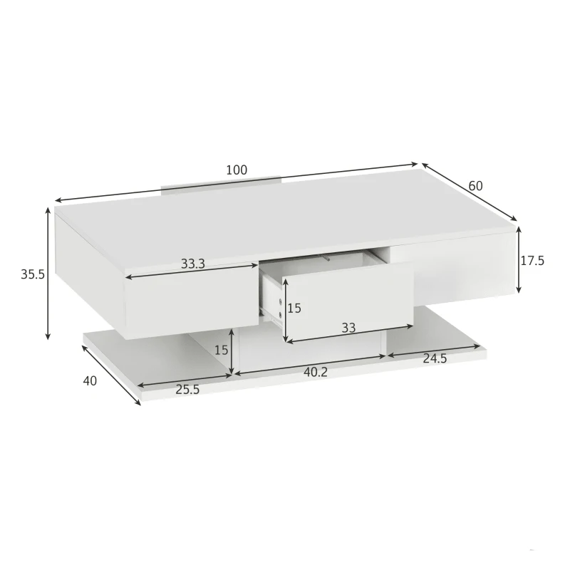 Modern High-Gloss Coffee Table with LED Lights, 2 Drawers and Remote Control, Chipboard, 100x60x36 cm - Ideal for Contemporary Living Spaces, White