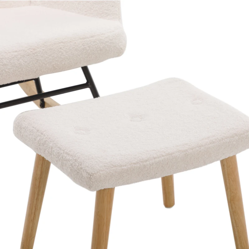 Sponge Cushion Rocking Chair with Footrest, Neck Pillow, Solid Wood Frame, Modern Rocker for Living Room, Bedroom, 82x65x94 cm, White