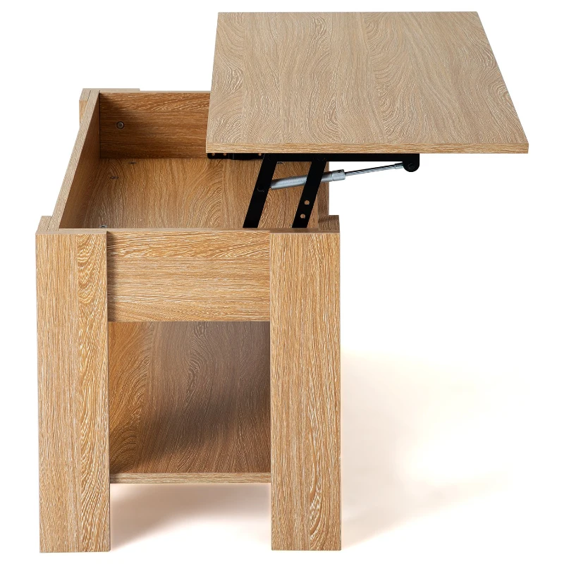 Lift-Top Coffee Table with Hidden Storage and Lower Shelf, Adjustable Height, Engineered Hardwood, 100x45x49-63 cm, Oak