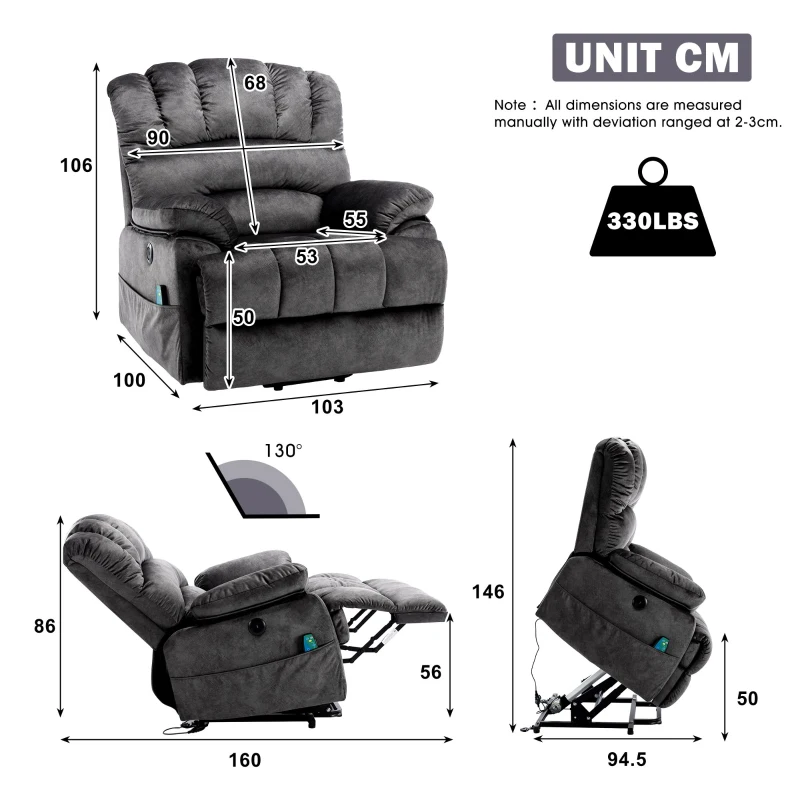 Electric Power Lift Recliner Chair with Heating Massage Points, Vibration, USB Ports, and Side Pockets, 103x100x106 cm, Grey