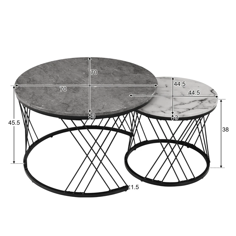Set of 2 Modern Nesting Marble Coffee Tables with Metal Frame, Space-Saving Design, 70x70x45 cm and 44.5x44.5x38 cm, Grey