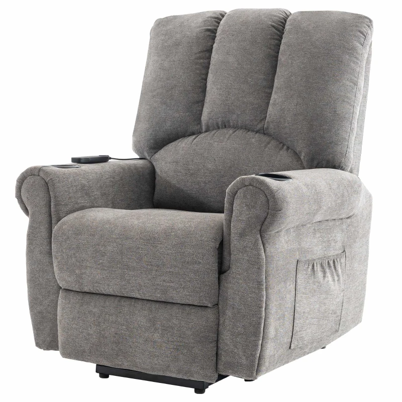 Electric Power Lift Recliner Chair with Single Motor, Heated Massage, Stand Assist, Storage Pockets, Cup Holders, 91x90x108 cm, Grey