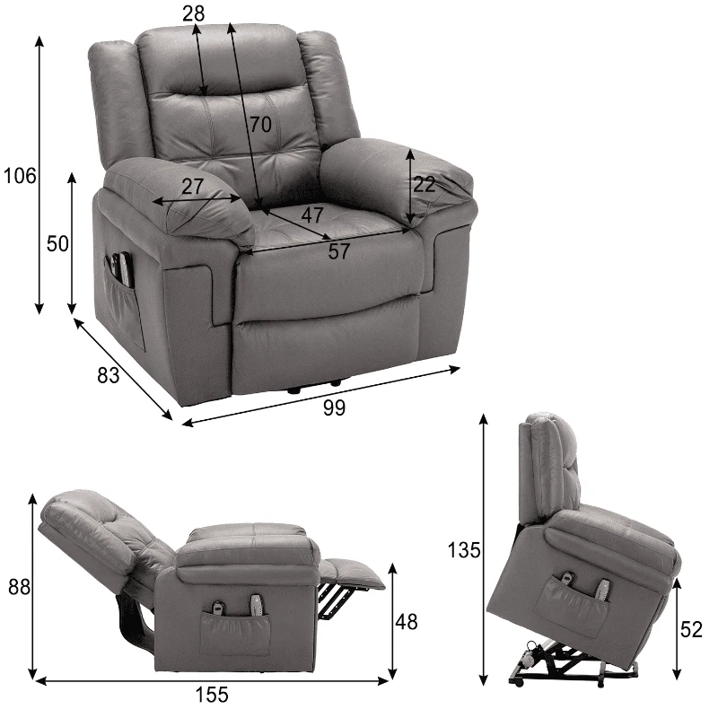 Electric Power Lift Massage Chair with Heating Points, Side Pockets, Tech Cloth, Overstuffed Recliner Armchair for Elderly, 99x83x106 cm, Grey