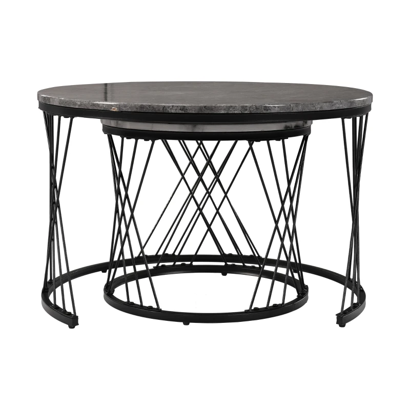 Set of 2 Modern Nesting Marble Coffee Tables with Metal Frame, Space-Saving Design, 70x70x45 cm and 44.5x44.5x38 cm, Grey