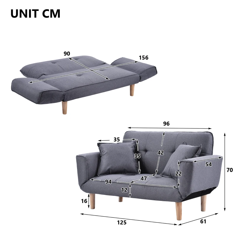 Expandable 2 Seater Bed Settee with 3 Adjustable Positions, Easy Assembly, Modern Fabric Loveseat for Flats, Dormitories, 125x61x70 cm, Grey