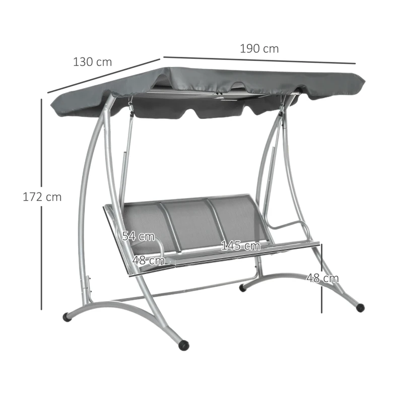 Outsunny Three Person Steel Outdoor Porch Swing Chair Bench w/ Canopy Cover Grey