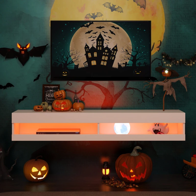 Wall-Mounted High Gloss TV Cabinet with LED Lights, Modern Floating Media Console for up to 65" TV, for Living Room, 140x40x30.5 cm, White