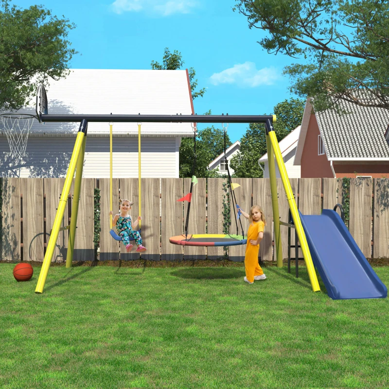 Ensemble de Jeux de Jardin pour Enfants 3-8 Ans avec Balançoire, Toboggan, Panier de Basket et Structure en Métal, Jaune
