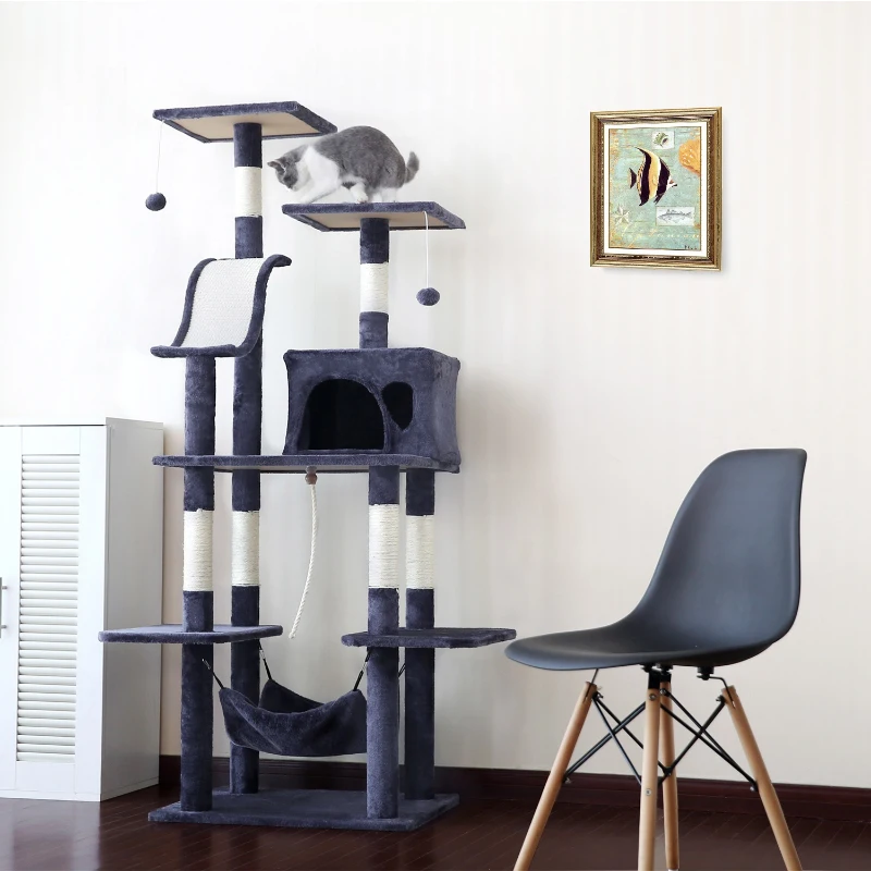 Extra-Large Cat Tree with Scratching Posts, Multi-Level Activity Centre for Large Cats, 61x50.5x170 cm, Grey