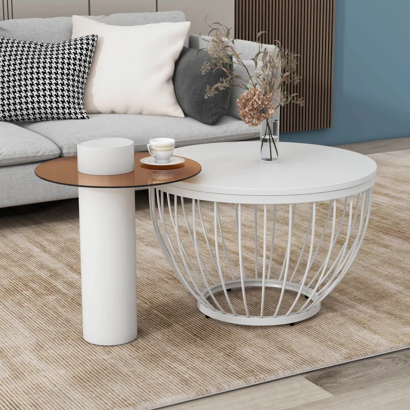 Modern Nest of Coffee Tables Set of 2, Melamine Veneer Top with Metal Frame, Includes Large and Small Tables, Easy Assembly, 60x60x40 cm; 40x40x42 cm, White