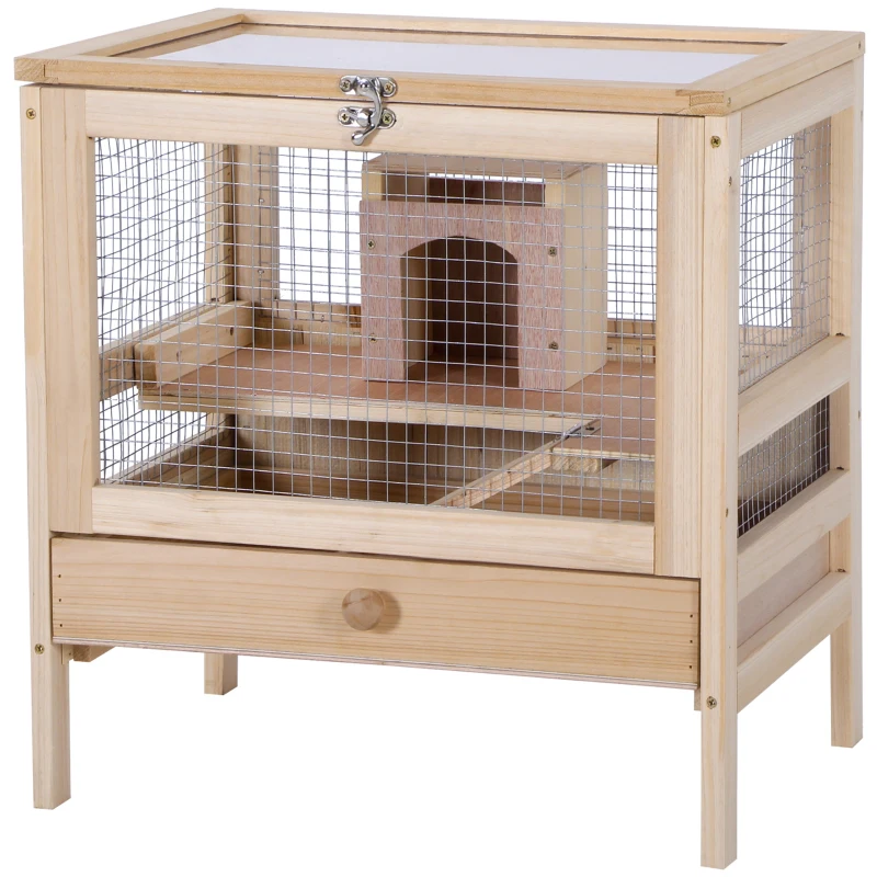 PawHut Hamster Cage Rodent Pet Small Animal Kit Large Wooden hut Box Double Layers Easy Clean 46 x 34 x 48 cm