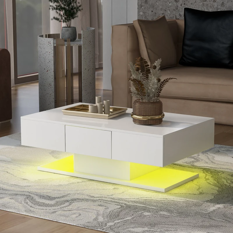 Modern High-Gloss Coffee Table with LED Lights, 2 Drawers and Remote Control, Chipboard, 100x60x36 cm - Ideal for Contemporary Living Spaces, White