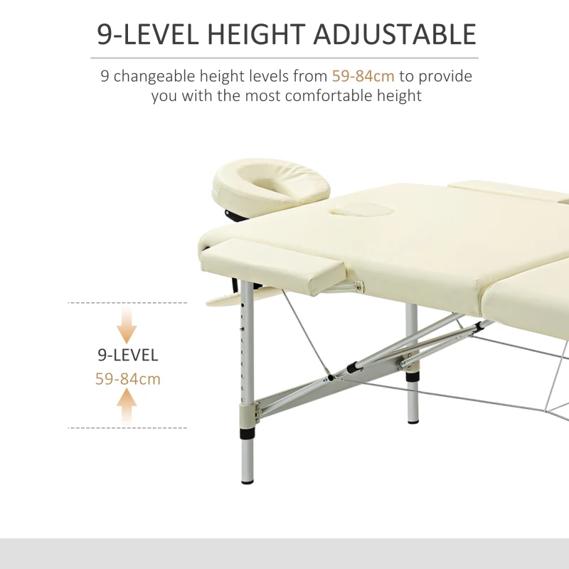 HOMCOM Pat de Masaj Pliabil Profesional, Pat pentru Masaj cu Înălțime Reglabilă și Geantă de Transport, 185x70x59-84 cm, Alb