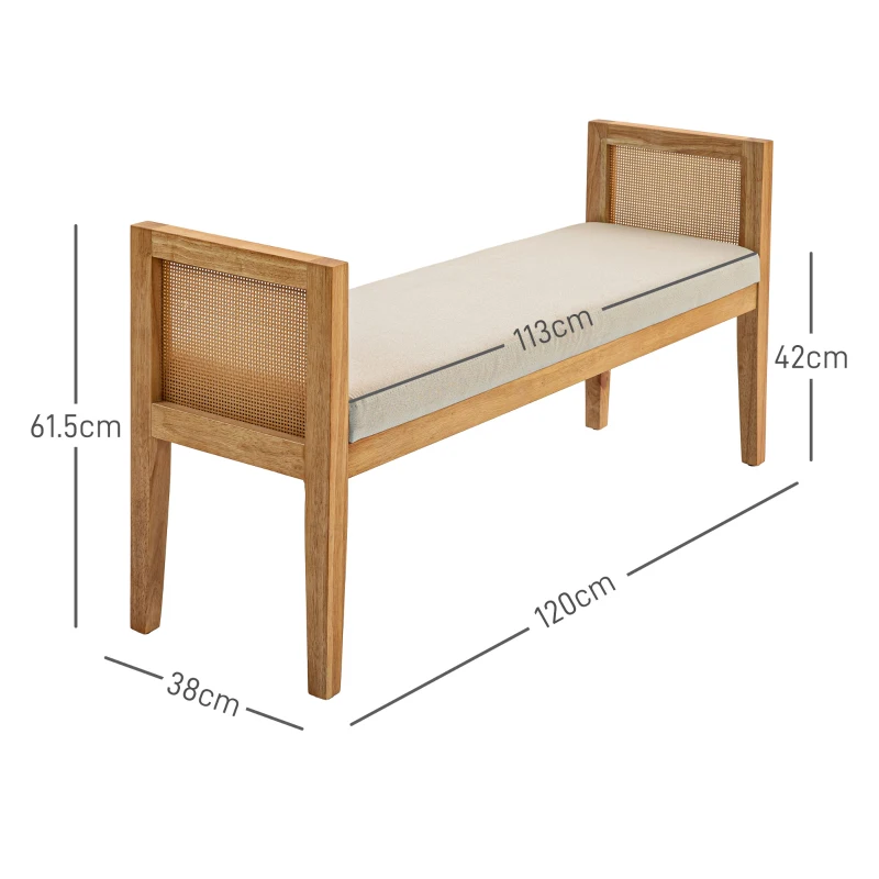 HOMCOM Bancă Modernă pentru Capătul Patului cu Perne Groase, Cotiere din Ratan și Cadru din Lemn Masiv, 120x38x61.5 cm, Crem(m-3)