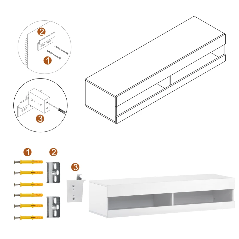 Wall-Mounted High Gloss TV Cabinet with LED Lights, Modern Floating Media Console for up to 65" TV, for Living Room, 140x40x30.5 cm, White