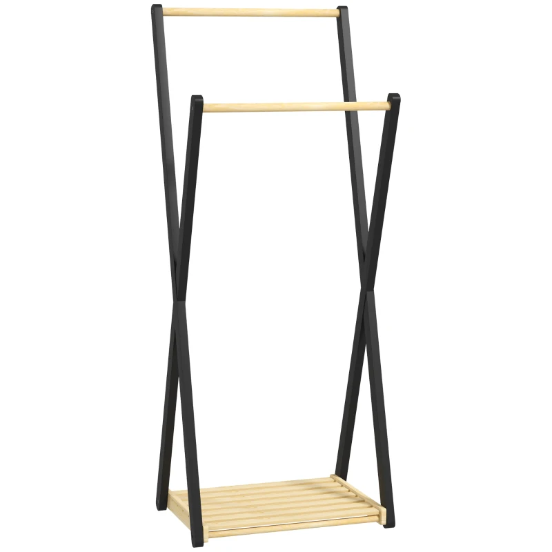 HOMCOM Cuier de Podea din Lemn cu 2 Bare, Suport pentru Haine Autoportant Modern cu Raft Inferior, 61x45x152 cm, Natural