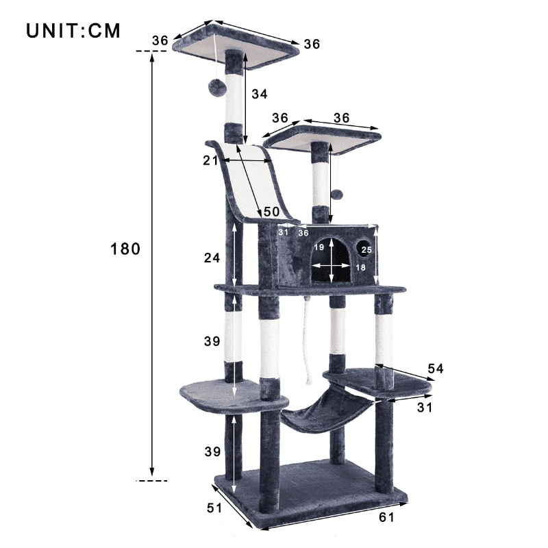 Extra-Large Cat Tree with Scratching Posts, Multi-Level Activity Centre for Large Cats, 61x50.5x170 cm, Grey