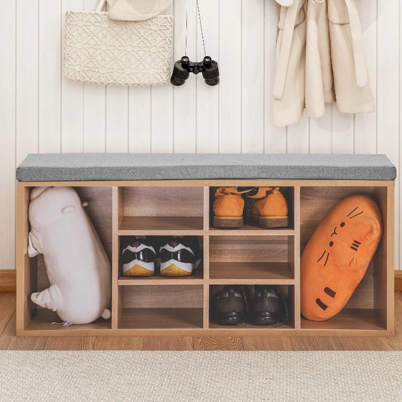 Wooden Shoe Storage Bench with Cushion, Adjustable 14-Grid Shoe Storage Rack, Hallway Organiser, 104x30x48 cm, Oak