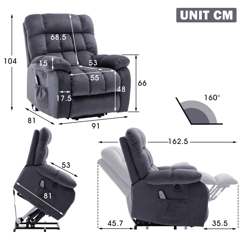 Power Lift Recliner Armchair with Heating Points, Side Pockets, Easy Assembly, Electric Massage Chair for Elderly, 91x81x104 cm, Grey